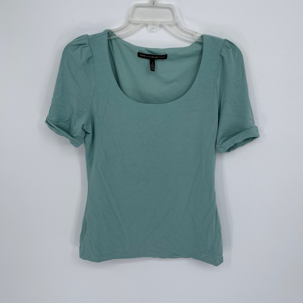 White House Black Market WHBM Women's Green Puff‎ Sleeve Scoop Neck Top Size S